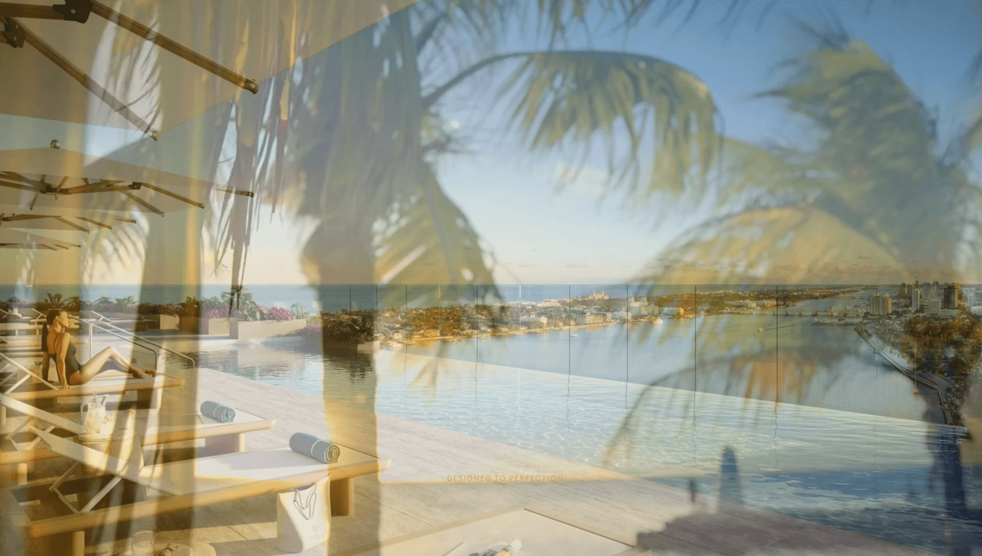 palm trees overlaying an image of a rooftop pool