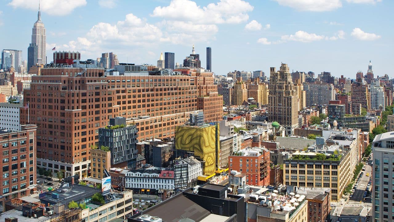 345 Meatpacking building wrapped in original artwork by Yayoi Kusama