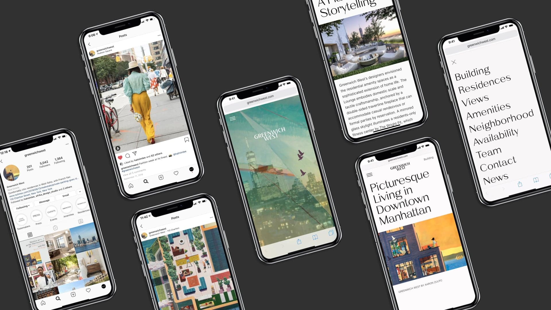 iPhones with various screens showing the Greenwich West website